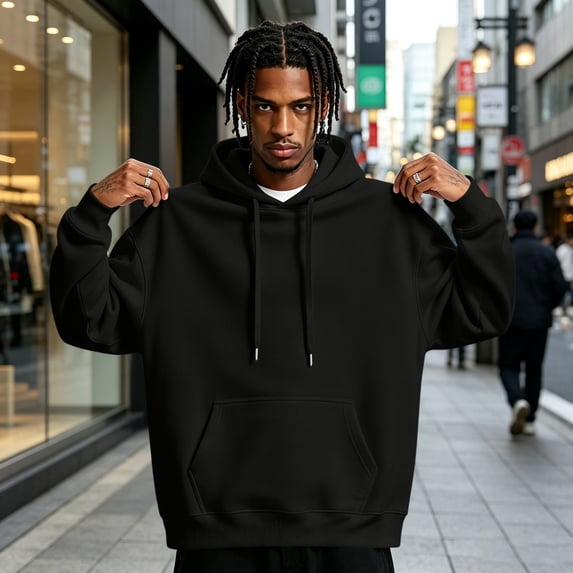 Nestiefly Mens Cotton Hooded Fashion Long Sleeve Hoodies Casual Drawstring with Pockets Pullover Sweatshirt for Men 2026 Black S
