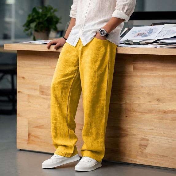 Nestiefly Mens Cotton Linen Pants, Casual Fabric Loose Comfort Trousers Drawstring Pockets Golf Pants Yellow 3XL