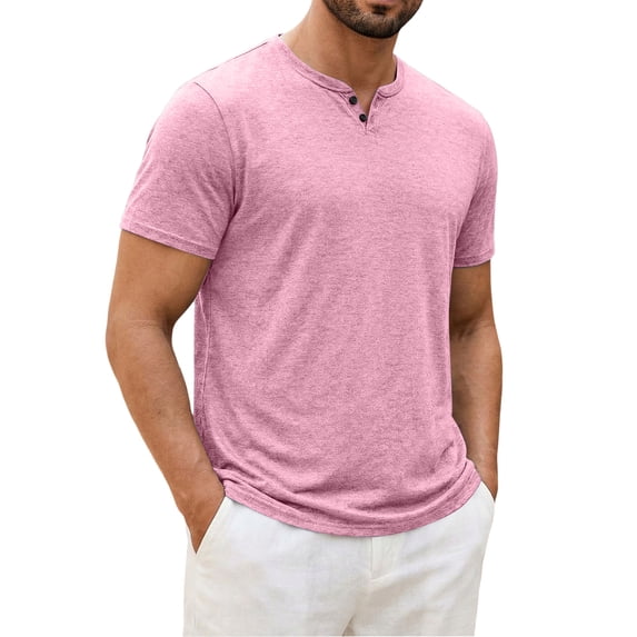 Nestiefly Mens Cotton Notch Neck T-Shirts Short Sleeve Button Casual Basic Tees Work Shirts 2026 Pink XL