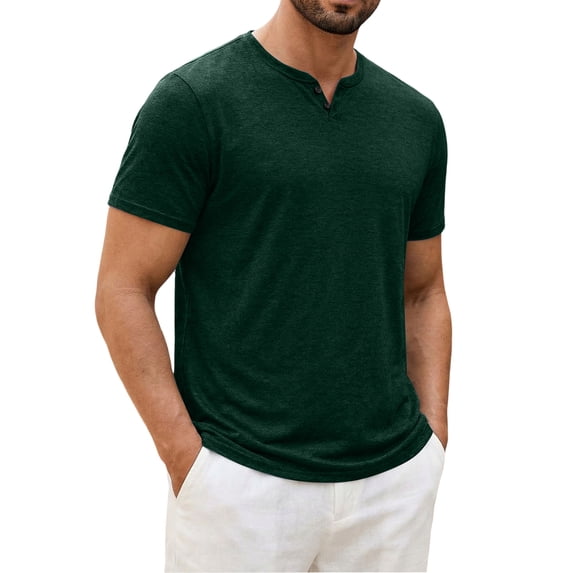 Nestiefly Mens Cotton Notch Neck T-Shirts Short Sleeve Button Casual Basic Tees Work Shirts Dark Green 2XL