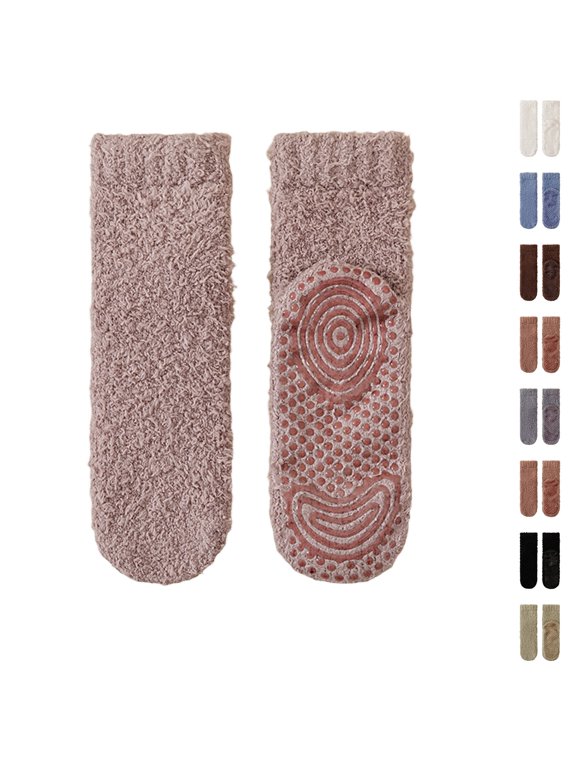 Mens Fuzzy Socks with Grips Fluffy Warm Slipper Socks Non Slip Socks Camel
