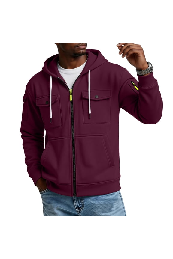 Mens Hoodies Zip Up Cargo Tactical Big And Tall Hoodies Zipper Pockets Fleece Lined Vintage Athletic Hoodie Jacket Wine S