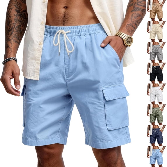 Nestiefly Mens Linen Cargo Shorts Summer Casual Loose Elastic Waist Drawstring Lightweight Beach Vacation Shorts with Pockets 2026 Light Blue L