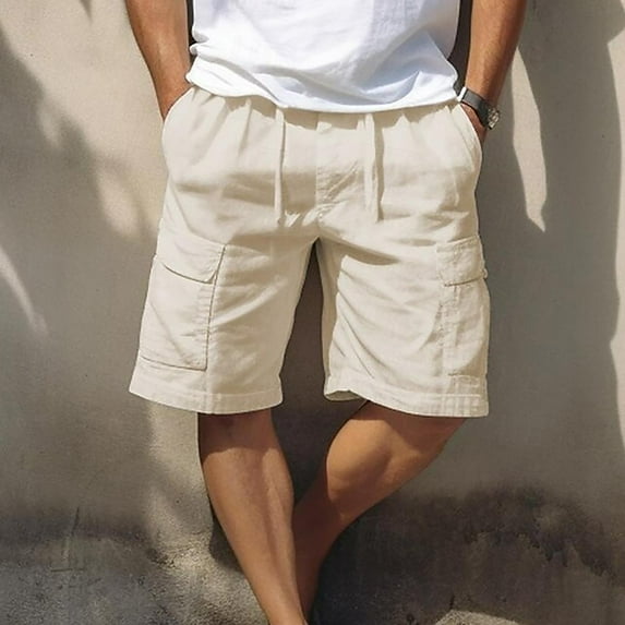 Nestiefly Mens Linen Cargo Shorts Summer Casual Loose Elastic Waist Drawstring Lightweight Beach Vacation Shorts with Pockets Khaki S