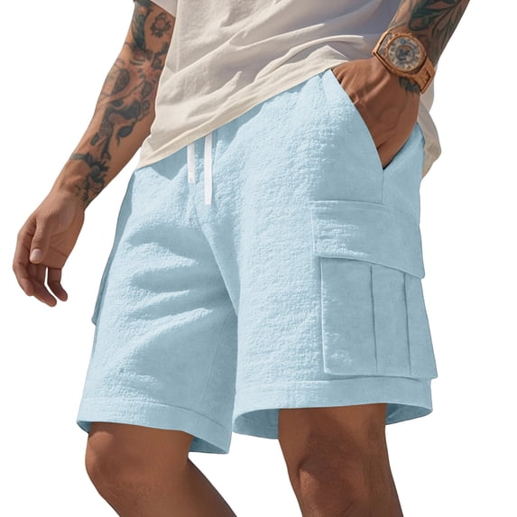 Nestiefly Mens Linen Cargo Shorts Summer Casual Loose Elastic Waist Drawstring Lightweight Beach Vacation Shorts with Pockets Light Blue 2XL