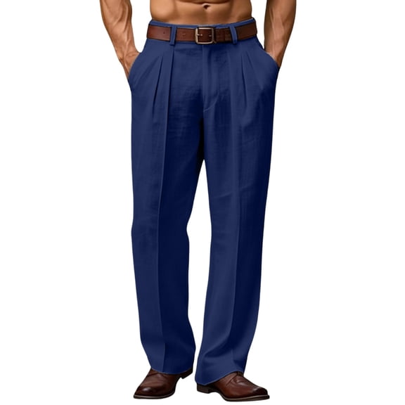 Nestiefly Mens Linen Casual Dress Pants Old Wide Leg Baggy Pleated Slacks Elastic Waist Work Vacation Trousers Navy 3XL