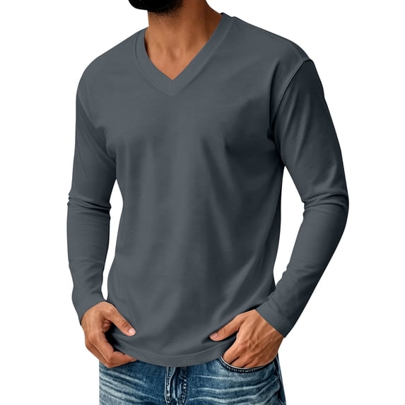 Nestiefly Mens Long Sleeve Shirt V Neck T Shirts Casual Cotton Plain Basic Tee | Lightweight Breathable Shirt Dark Gray S
