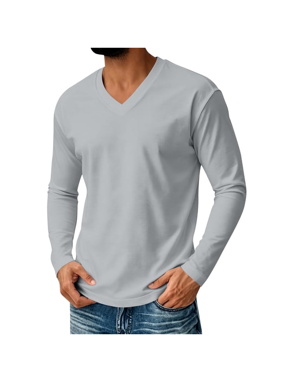 Mens Long Sleeve Shirt V Neck T Shirts Casual Cotton Plain Basic Tee | Lightweight Breathable Shirt Light Gray L