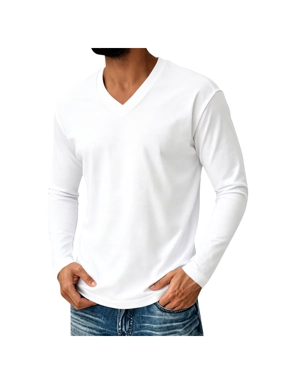 Mens Long Sleeve Shirt V Neck T Shirts Casual Cotton Plain Basic Tee | Lightweight Breathable Shirt White 3XL