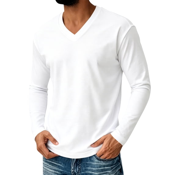 Nestiefly Mens Long Sleeve Shirt V Neck T Shirts Casual Cotton Plain Basic Tee | Lightweight Breathable Shirt White XL