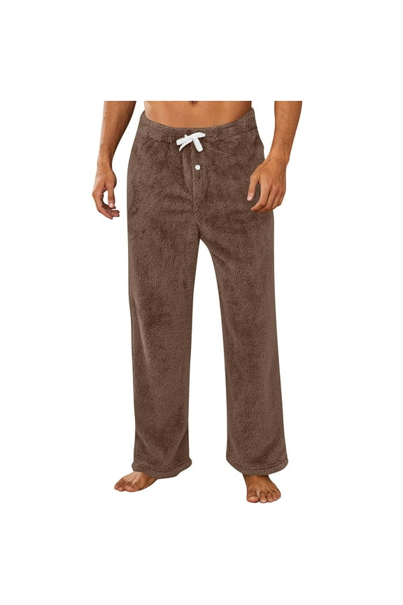 Mens Plush Warm Pajama Pants, Fluffy Soft Fleece Sleep Pant with Pockets Lounge Pj Bottoms for Men Brown XL