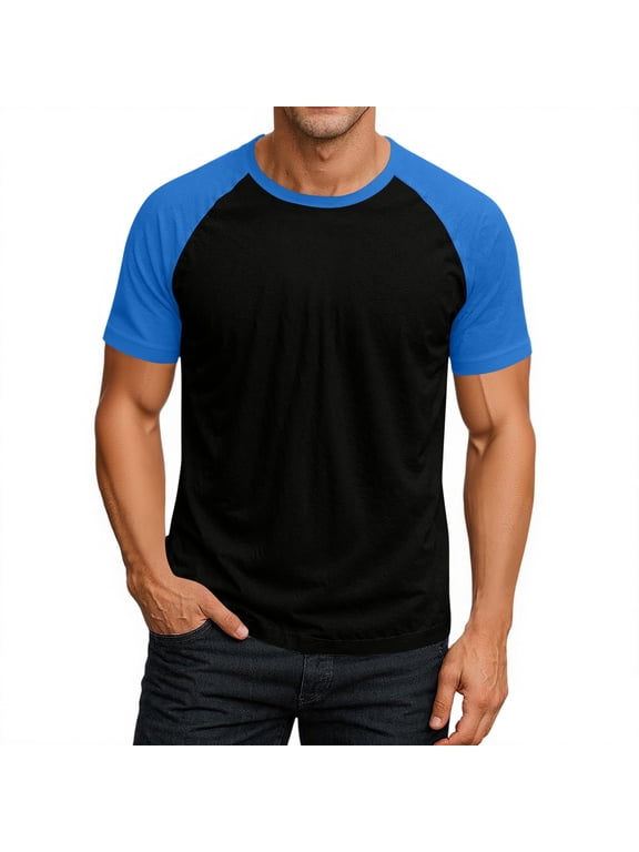 Mens Raglan Sleeve Shirts Comfortable Crewneck Basic Fitted Tennis Shirts Short Sleeve Graphic Gym Plain Tee Blue 2XL