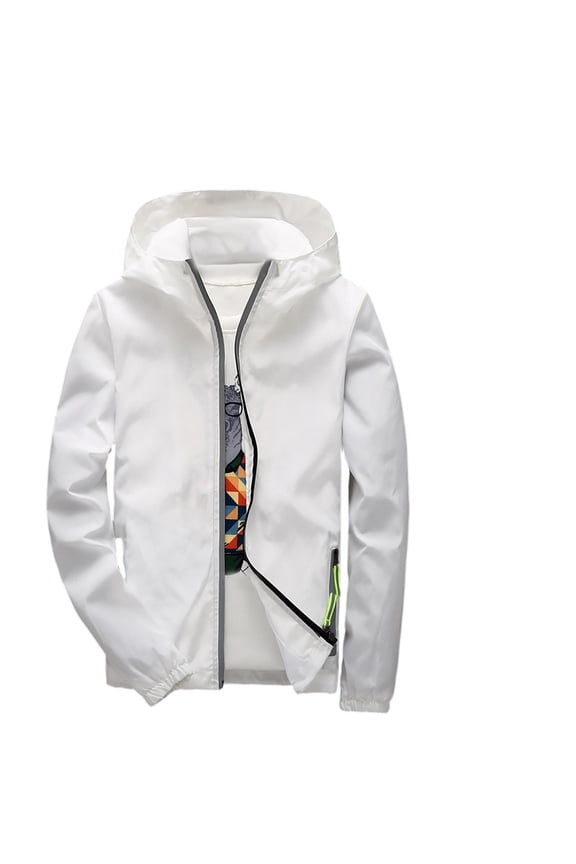 Mens Rain Jacket Hoodies Raincoat Windbreaker Running Waterproof Lightweight with Hood Travel Hiking Cycling White M