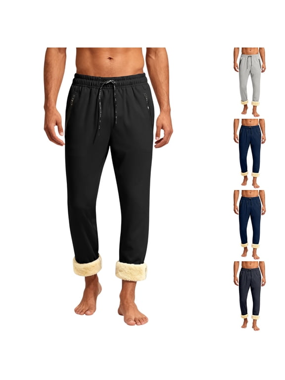 Mens Sherpa Lined Fleece Sweatpants Thermal Drawstring Elastic Waisted Trousers Casual Joggers Pants with Zipper Pockets Black L