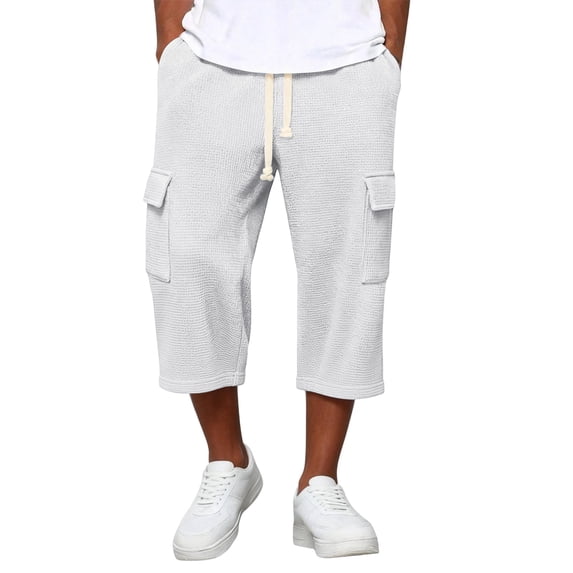 Nestiefly Mens Shorts Cargo Relaxed Fit Waffle Below Knee Drawstring Capri Pants Elastic Waist Work Baggy Summer Lounge Wear White L