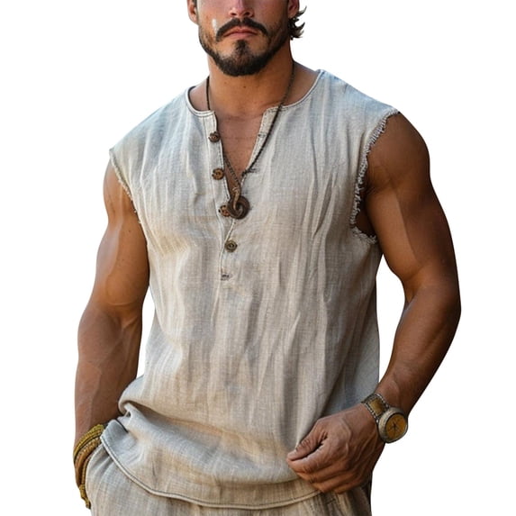 Nestiefly Mens Summer Linen Tank Tops Distressed Henley Sleeveless Shirt Hawaiian Beach Tops Bohemian Pullover Sports Tees Beige S