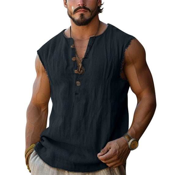Nestiefly Mens Summer Linen Tank Tops Distressed Henley Sleeveless Shirt Hawaiian Beach Tops Bohemian Pullover Sports Tees Black 3XL