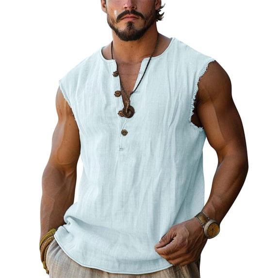 Nestiefly Mens Summer Linen Tank Tops Distressed Henley Sleeveless Shirt Hawaiian Beach Tops Bohemian Pullover Sports Tees Light Blue 3XL