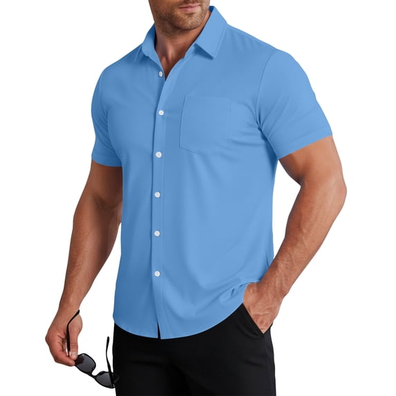 Nestiefly Mens Wrinkle Free Quick Dry Shirts 2026 Summer Button Short Sleeve Casual Button Down Work Hiking Dress Shirts Blue 3XL