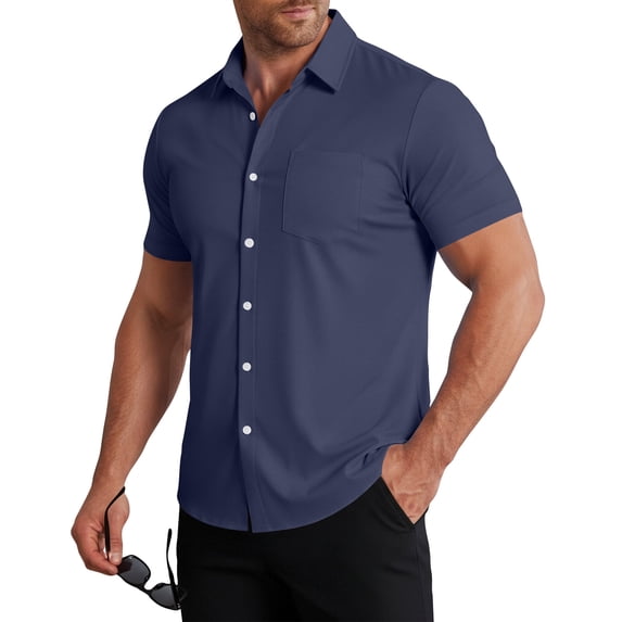 Nestiefly Mens Wrinkle Free Quick Dry Shirts 2026 Summer Button Short Sleeve Casual Button Down Work Hiking Dress Shirts Dark Blue 2XL