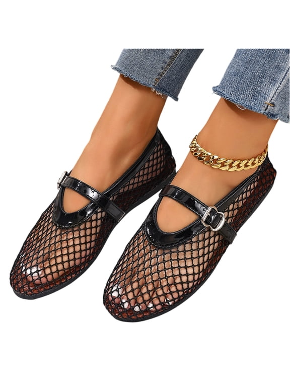 Mesh Ballet Flats for Women Buckle Strap Comfy Casual Office Fishnet Ballerina Flat Shoes Black 37