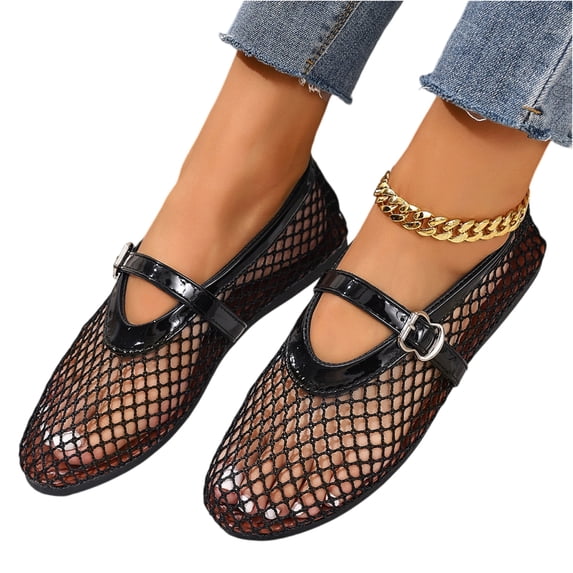 Nestiefly Mesh Ballet Flats for Women Buckle Strap Comfy Casual Office Fishnet Ballerina Flat Shoes Black 40