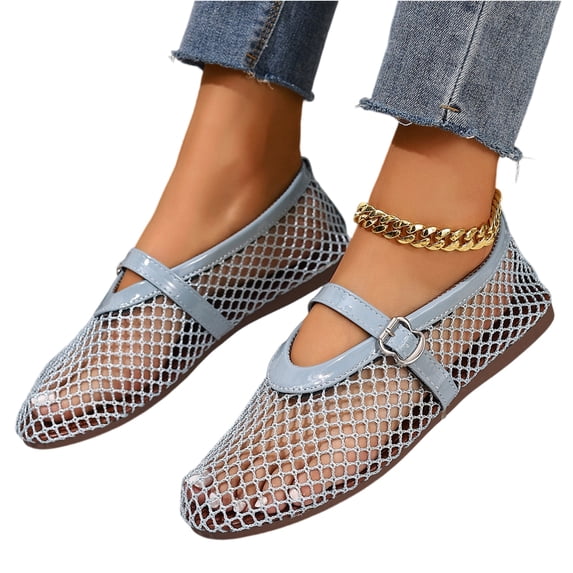 Nestiefly Mesh Ballet Flats for Women Buckle Strap Comfy Casual Office Fishnet Ballerina Flat Shoes Blue 36