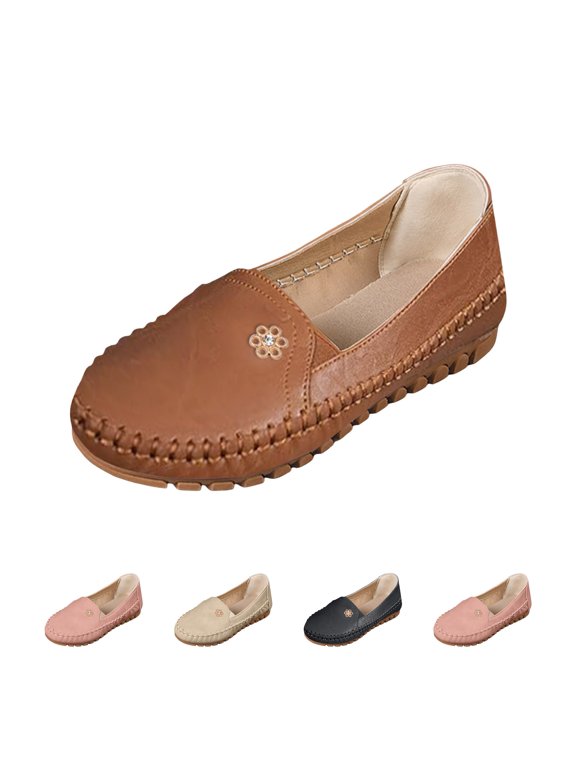 Orthopedic Shoes For Women Faux Leather Arch Support Slip On Loafers No Heel Round Toe Wide Width Dress Sneakers Camel US-6