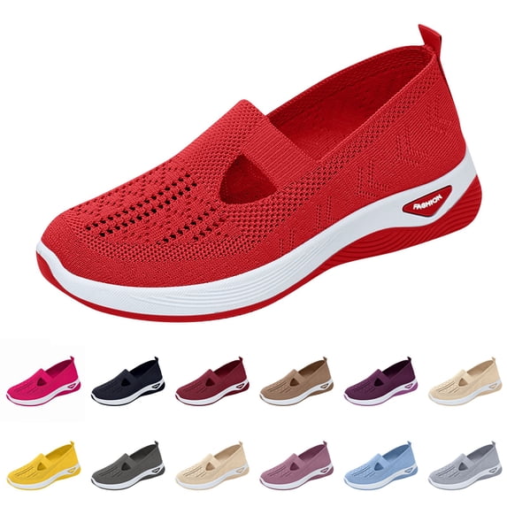 Nestiefly Orthopedic Shoes for Women Woven Wide Width Breathable Walking Slip On Non Slip Arch Support Sneakers Red US-7
