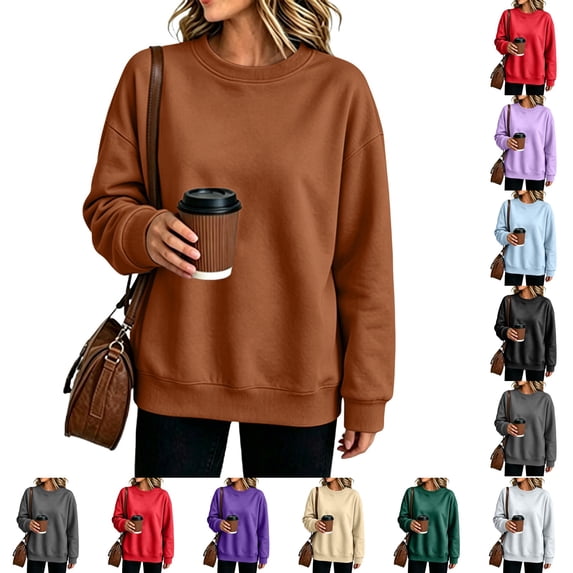 Nestiefly Oversized Crewneck Sweatshirt Women Fleece Long Sleeve No Hood Pullover Fall Casual Sweat Shirts Brown 2XL