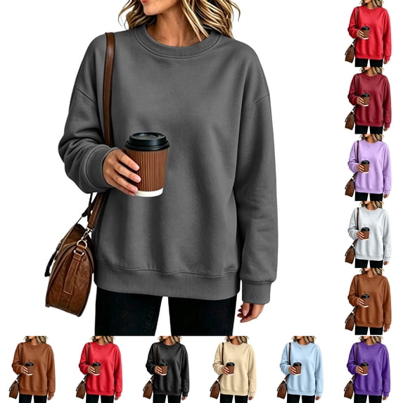 Nestiefly Oversized Crewneck Sweatshirt Women Fleece Long Sleeve No Hood Pullover Fall Casual Sweat Shirts Dark Gray M