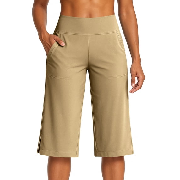 Nestiefly Pedal Pushers for Women Summer High Waisted Straight Knee Length Leg Petite Capris Stretch Cropped Trousers with Pockets 2026 Khaki XL