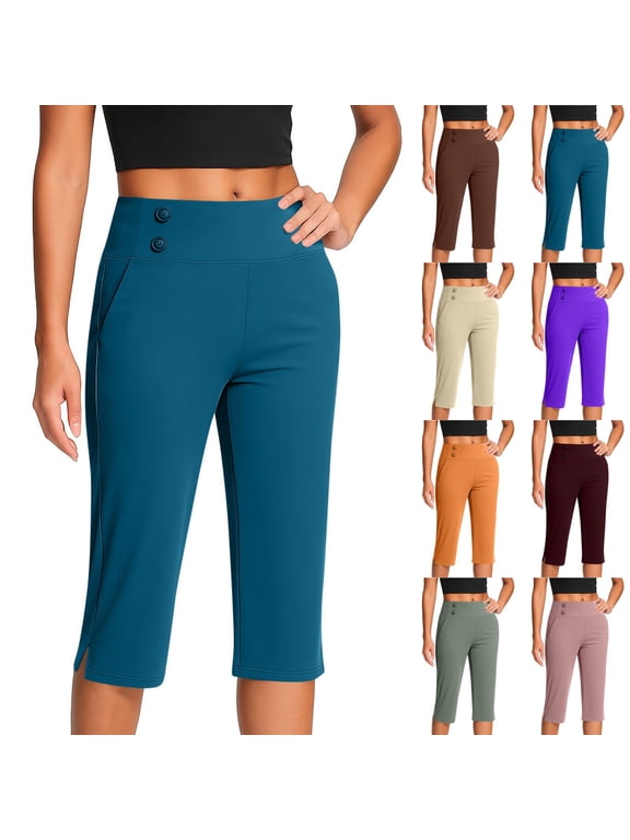Pedal Pushers for Women Summer High Waisted Straight Leg Petite Capris Stretch Cropped Trousers with Pockets Beige 2XL