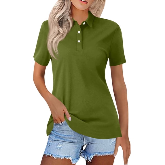 Nestiefly Polo Shirts for Women's Short Sleeve 3 Button Collared Golf Tee Cotton Business Casual Summer Work Tops Army Green XL