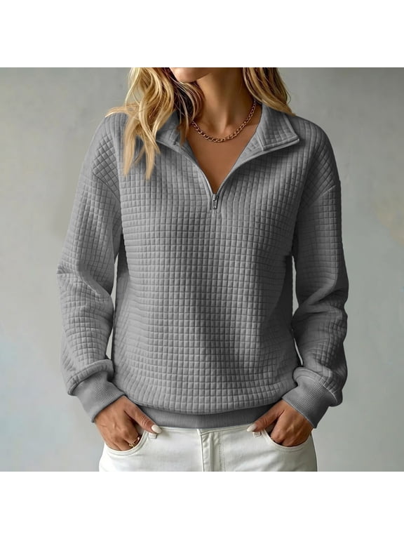 Quarter Zip Sweatshirt Women Stand Collar Waffle Knit Textured Fall Oversized Pullover Hoodie Dark Gray M