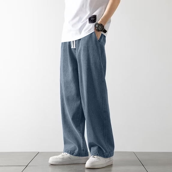 Nestiefly Relaxed Fit Baggy Jeans for Men Drawstring Elastic Waist Wide Leg Denim Pants Relaxed Fit Vintage Jeans Blue XL