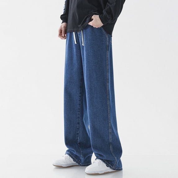 Nestiefly Relaxed Fit Baggy Jeans for Men Drawstring Elastic Waist Wide Leg Denim Pants Relaxed Fit Vintage Jeans Dark Blue 5XL