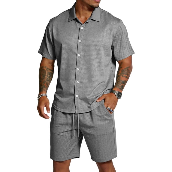 Nestiefly Short Sets for Men Textured Short Sleeve Shirt and Shorts Lounge Loungewear Vacation Outfits Sweat Suit 2026 Gray XL