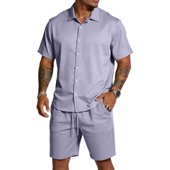 Nestiefly Short Sets for Men Textured Short Sleeve Shirt and Shorts Lounge Loungewear Vacation Outfits Sweat Suit 2026 Light Purple M