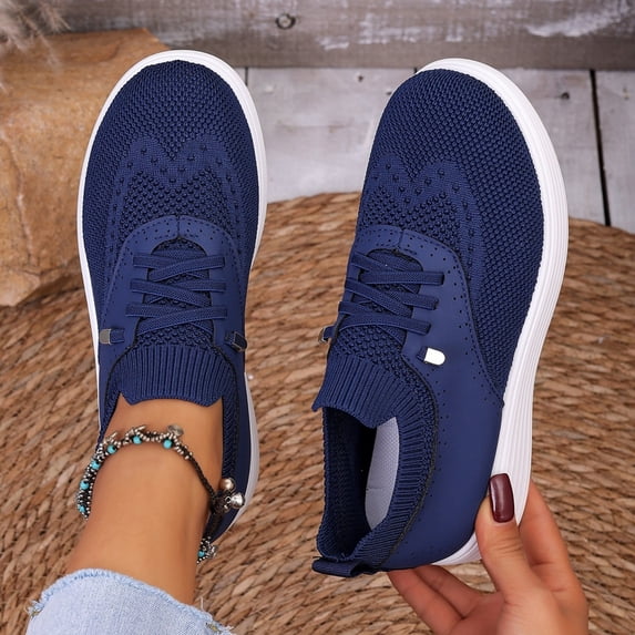 Nestiefly Slip On Sneakers Women Breathable Mesh Knitted Woven Low Top Walking Shoes Lightweight Wide Width Non-Slip Shoes Blue 41