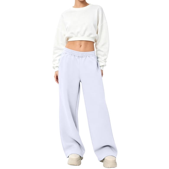 Nestiefly Sweatpants Women Baggy Wide Leg Pants with Pockets | Straight Leg High Waisted Fleece Fall Winter Sweatpants White 2XL