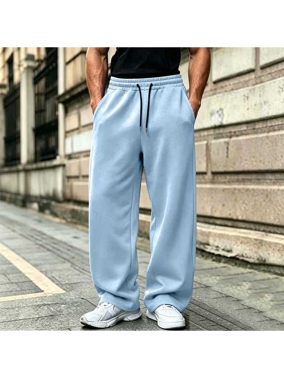 Sweatpants for Men Baggy Wide Leg Drawstring Waist Jogging Pants with Pockets Fall Winter Travel Lounge Sweat Pant Light Blue S