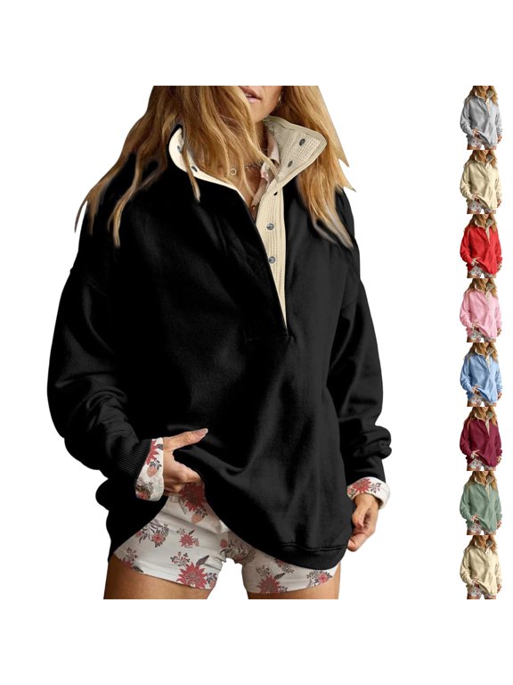 Sweatshirt for Women Oversized Henley Neck Snap Button Pullover Top Fleece Fall Winter Fashion Clothes Black S
