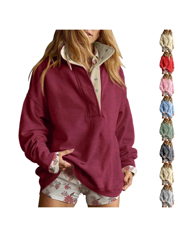 Sweatshirt for Women Oversized Henley Neck Snap Button Pullover Top Fleece Fall Winter Fashion Clothes Wine S