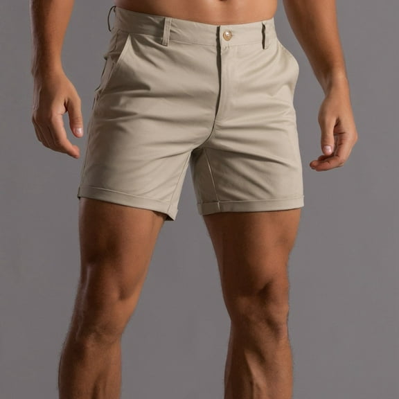 Nestiefly Tailored Shorts Men 5 Inch Inseam Big and Tall Elastic Waist High Waisted Going Out Flat Front Shorts Lightweight Above Knee Roll-Up Cuff Soft Mid Thigh Shorts with Pockets Khaki L