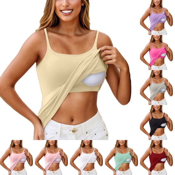 Nestiefly Tank Tops with Built in Bras Padded for Women Adjustable Spaghetti Strap Basic Sleepwear Workout Yoga Cami Tops Beige M