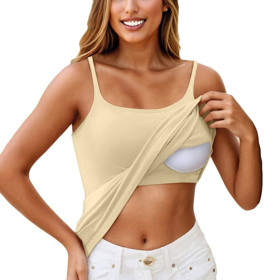 Nestiefly Tank Tops with Built in Bras for Women Sports Cute Cami Workout Plus Size Camisoles Spaghetti Strap Under Clothes Beige XL