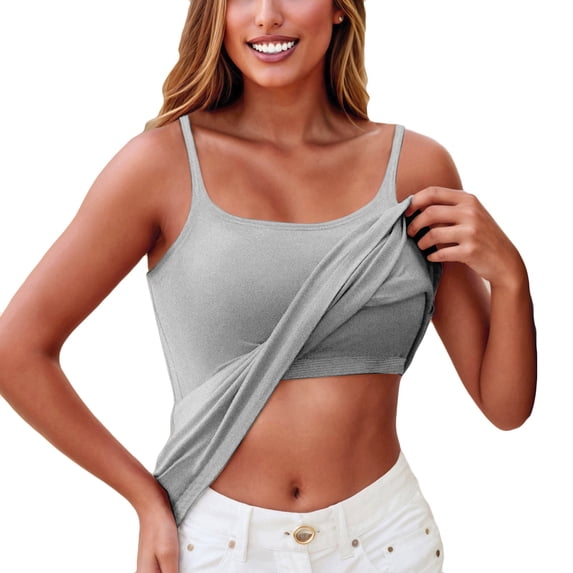 Nestiefly Tank Tops with Built in Bras for Womens 2026 Summer Camisole Adjustable Spaghetti Strap Padded Shelf Bra Cami Tops Light Gray XL