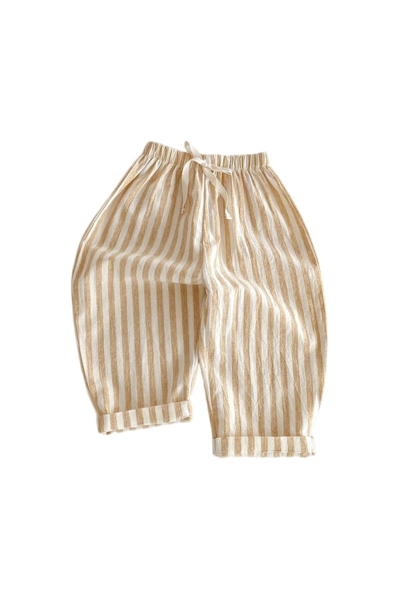 Toddler Baby Linen Pants Boy Girls Spring Clothes Striped Toddler Pants Stretchy Drawstring Elastic Waisted Trousers Yellow 90