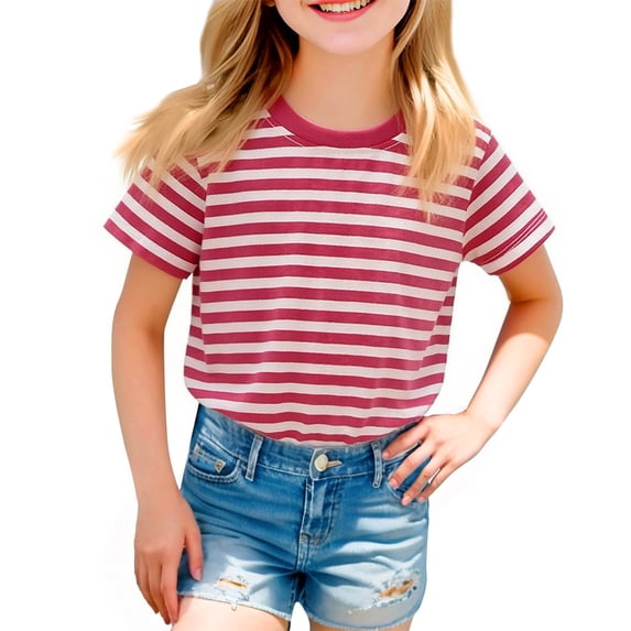 Nestiefly Toddler Boys Girls T Shirts for Kids Colorful Striped Shirt Cotton Crew Neck Short Sleeve Tee Tops Blouse Baby Cute Casual Tshirt 2026 Deep Red 140